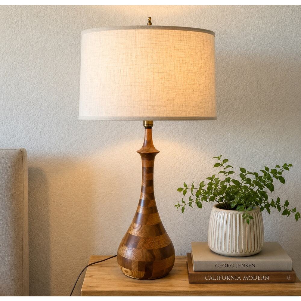 Vintage Mid-Century Modern Solid Wood 2 tone Bulbous Shape Lamp mid century